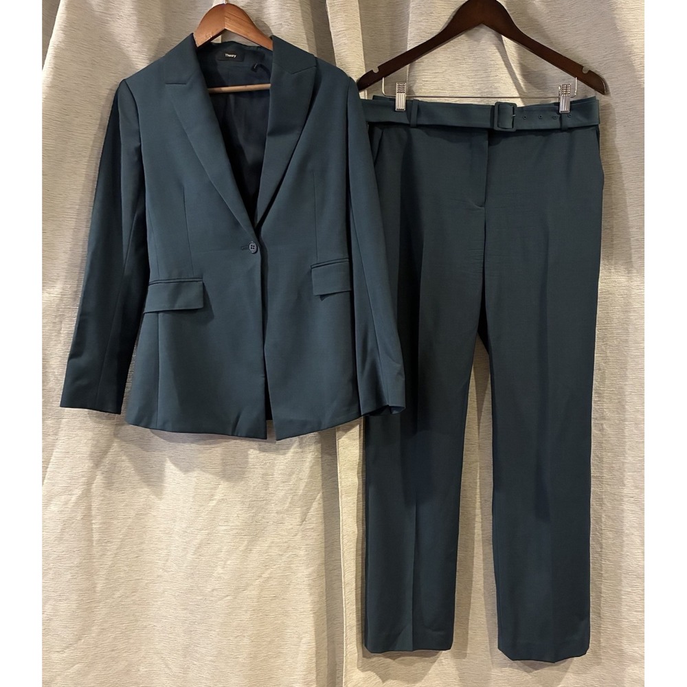 Theory Womens One Button Long Sleeve Wool Blend Blazer Suit Set Green Size 4